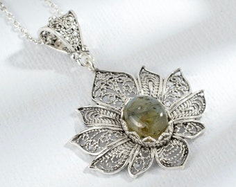 925 sterlingzilver filigraankunst vrouwen edelsteen lotusmedaillon hanger ketting, handgemaakte massief zilveren bedelketting cadeau