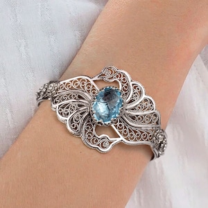 925 Sterling Silver Filigree Art Women Cuff Bracelet, Double Swan Figured Solid Silver Blue Topaz Lemon Quartz Black Onyx Gemstone Bracelet