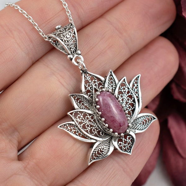 925 Sterling Silver Filigree Lotus Flower Pendant Necklace, Solid Silver Pink Rhodonite Gemstone Women Charm Necklace, Christmas Gift Her