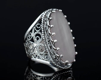 925 Sterling Silver Women Ring, Gray Moonstone Gemstone Filigree Art Lace Long Ring, Gift Boxed