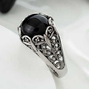 925 Sterling Silver Women Cocktail Ring Black Onyx Gemstone, Filigree Art Embroidery Detailed Gift Ring, Gift Boxed