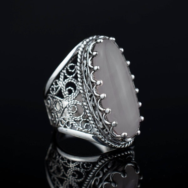 925 Sterling Silver Women Ring, Gray Moonstone Gemstone Filigree Art Lace Long Ring, Gift Boxed