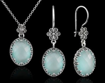 Silver Pendant Necklace - Dangle Earrings Set, Handcrafted Filigree Art Oval Pendant - Earrings Jewelry Set, Blue Topaz, Chalcedony Necklace