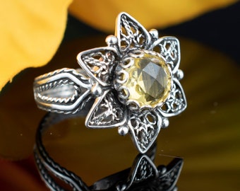 925 Sterling Silber Filigrane Frauen Daisy Flower Cocktail Ring, Citrin Edelstein den täglichen Gebrauch Ring, Größe 5-12.5, Geschenk Boxed