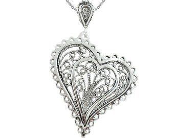 925 Sterling Silver Filigree Art Women Heart Pendant Necklace, Solid Silver Heart Charm Necklace, Handmade Silver Love Best Friend Pendant