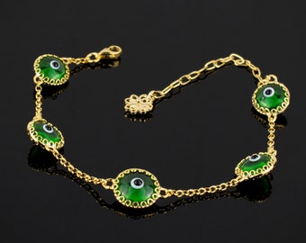 14k vergoldet 925 Sterling Silber Evil Eye Armband, durchscheinende Glas Schutz Link Armband, grüne Evil Eye Good Luck Frauen Armband