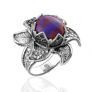 925 Sterling Silber Lotus Blume Frauen Ring, Mojave Türkis Edelstein Cocktail Ring, Geschenk Boxed