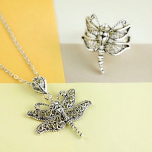 925 Sterling Silver Dragonfly Pendant & Cocktail Ring Woman Jewelry Set, Handcrafted Filigree Art Solid Silver Gift Set Her