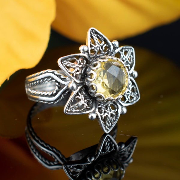 925 Sterling Silver Filigree Women Daisy Flower Cocktail Ring, Citrine Gemstone Everyday Use Ring, Size 5-12.5, Gift Boxed