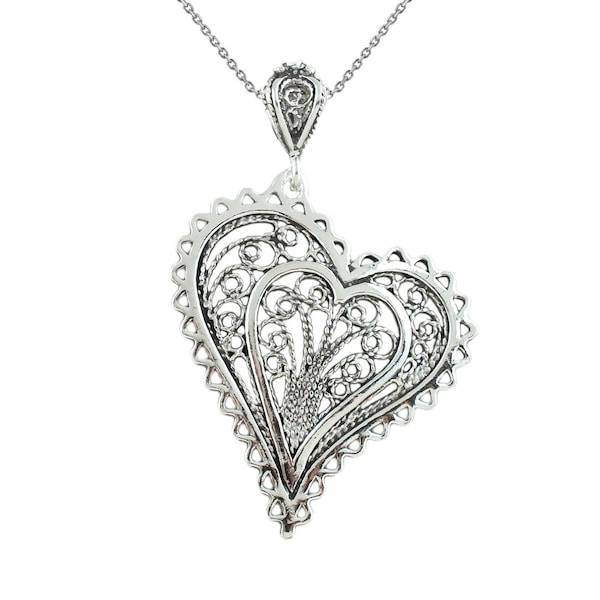 925 Sterling Silver Filigree Art Women Heart Pendant Necklace, Solid Silver Heart Charm Necklace, Handmade Silver Love Best Friend Pendant