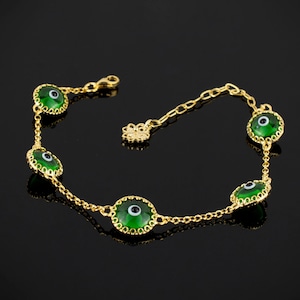 Pulsera de ojo malvado de plata de ley 925 bañada en oro de 14 quilates con eslabones de cristal translúcido, pulsera de ojo malvado verde para mujer.