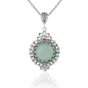 Chalcedon Sterling Silber Boho Anhänger Halskette, handgefertigte filigrane Creation Floral Anhänger Halskette mit 20 &quot;Kette