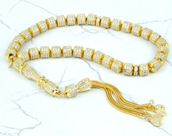 Vergulde sterlingzilver moslim tasbih, 33 stuks heldere zirkonia verharde cilindrische kralen tasbih, tasbeeh, misbaha, islamitische zorgkralen