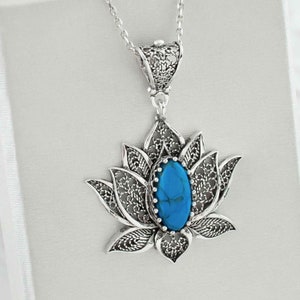 925 Sterling Silber filigrane Lotus Blume Teal Türkis Anhänger Halskette, Solid Sterling Silber Charm Halskette