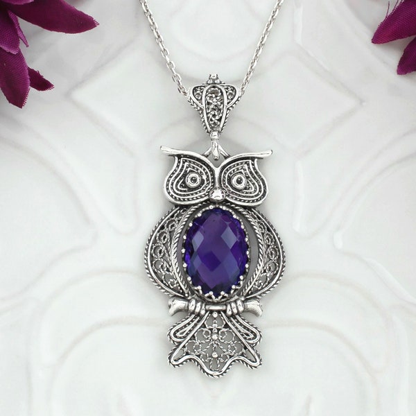 925 Sterling Silver Filigree Art Owl Design Amethyst Women Pendant Necklace, Solid Silver Mystery Charm Necklace, Wisdom Choker Necklace