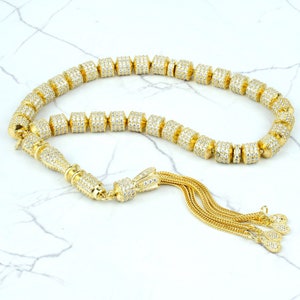 Gold Plated Sterling Silver Muslim Tasbih ,33 Pieces Clear Zirconia Paved Cylindrical Beads Tasbih, Tasbeeh, Misbaha, Islamic Worry Beads