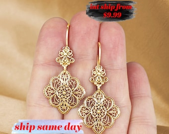 Gold Plated / 925 Sterling Silver Lace Detailed Earrings, Handmade Solid Silver Filigree Art Flower Dangle Drop Earrings for Women and Girls