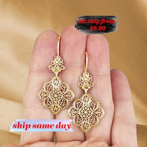 Gold Plated / 925 Sterling Silver Lace Detailed Earrings, Handmade Solid Silver Filigree Art Flower Dangle Drop Earrings for Women and Girls