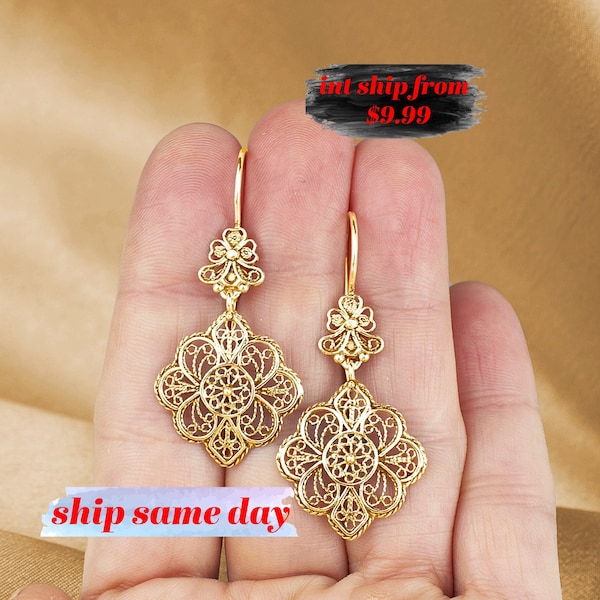 Gold Plated / 925 Sterling Silver Lace Detailed Earrings, Handmade Solid Silver Filigree Art Flower Dangle Drop Earrings for Women and Girls