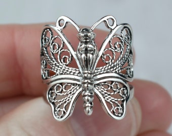925 Sterling Silver Filigree Art Butterfly Design Women Cocktail Ring, Solid Silver Handcrafted Lace Detailed Thanksgiving Gift Ring