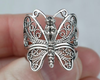 925 Sterling Silber Filigree Kunst Schmetterling Design Frauen Cocktail Ring, Massiv Silber Handgefertigte Spitze Detaillierte Thanksgiving Geschenk Ring