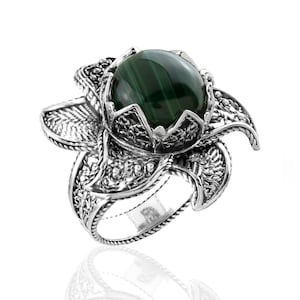 925 Sterling Silber Lotus Blume Frauen Ring, Malachit Edelstein Cocktail Ring, Geschenk Boxed