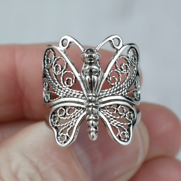 925 Sterling Silver Filigree Art Butterfly Design Women Cocktail Ring, Solid Silver Handcrafted Lace Detailed Thanksgiving Gift Ring