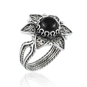 925 Sterling Silver Filigree Women Daisy Flower Cocktail Ring, Solid Silver Black Onyx Gemstone Everyday Use Ring, Size 5-12.5 Women Ring