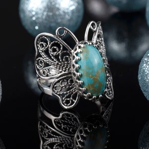 Copper Turquoise 925 Sterling Silver Butterfly Cocktail Ring, Handcrafted Filigree Art Women Statement Ring