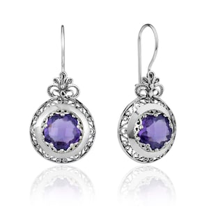 Handmade Solid Silver Filigree Art Women Drop Earrings, Amethyst - Lemon Quartz Gemstone 925 Sterling Silver Women Earrings, New Year Gift