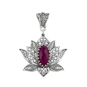 925 Sterling Silver Filigree Lotus Flower Ruby Corundum Pendant Necklace, Solid Silver Women Charm Necklace, Mothers Day Gift for Best Mom