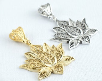 925 Sterling Silver Filigree Art Women Lotus Flower Pendant Necklace, Gold Plated Solid Silver Lotus Charm Pendant, 18"+2" Silver Chain