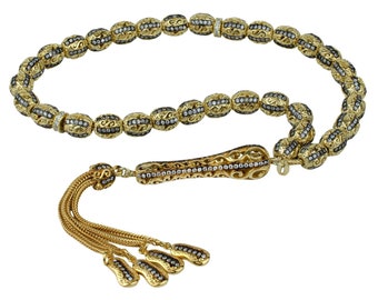 Vergulde sterlingzilver Tasbih, Paisley Gedetailleerde Imamet 33 stuks ovale kralen Misbaha, Misbah, Tasbih, Tasbeeh, islamitische zorgkralen