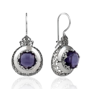 Amethyst Sterling Silver Women Drop Earrings, Handcrafted Filigree Art Women Round Drop Earrings, Gift Boxed