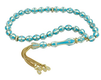 Vergulde sterlingzilver 33 stuks Tasbih, zirkonia geplaveide turkoois geëmailleerde kralen Tasbih, Tasbeeh, Misbaha, Masbaha, rozenkrans zorgkralen