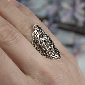 Sterling Silver Women Lace Long Ring, Handcrafted Lace Embroidery Filigree Art Statement Bold Ring