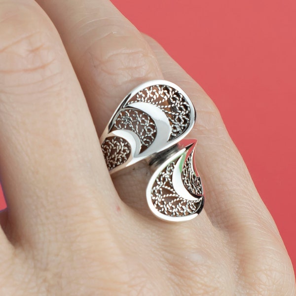 925 Sterling Silver Women Bypass Ring, Filigree Art Leaf Shaped Wrap Ring, Stylish Wavy Cocktail Ring
