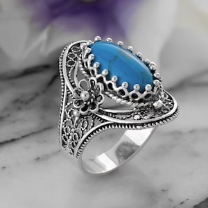 925 Sterling Silver Turquoise Gemstone Women Cocktail Oval Ring, Artisan Made Handcrafted Filigree Art Statement Ring, Gift Boxed