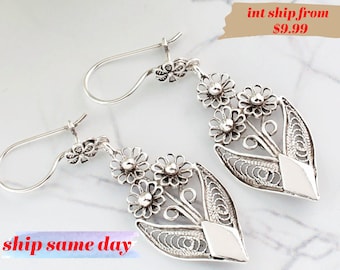 925 Sterling Silber Blumenstrauß Design baumeln Ohrringe, Handwerker gemacht filigrane Kunst Blumen Frauen Ohrringe