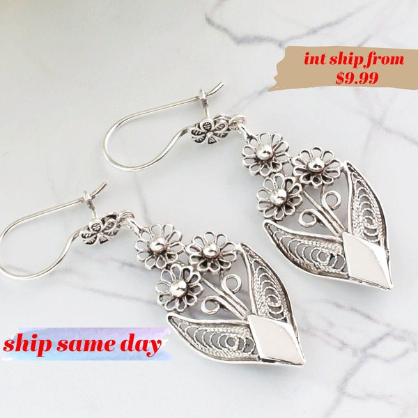 925 Sterling Silver Bunch of Flower Design Dangle Earrings, Artisan Made Filigree Art Floral Women Earrings