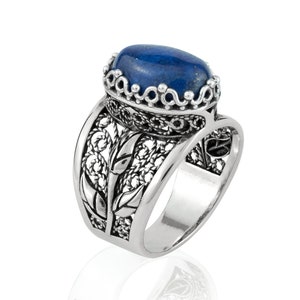 925 Sterling Silver Women Cocktail Ring with Lapis Lazuli Gemstone, Filigree Art Tulip Detailed Gift Ring, Gift Boxed