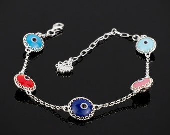 925 Sterling Silver Evil Eye Good Luck Women Bracelet, Multi Color Evil Eye Protection Bracelet, Translucent Murano Glass Charm Bracelet