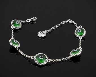 925 Sterling Silver Green Evil Eye Good Luck Women Bracelet, Mint Evil Eye Protection Bracelet, Translucent Murano Glass Bead Charm Bracelet