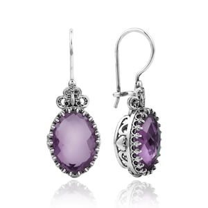 Amethyst Edelstein Sterling Silber Handgemachte filigrane Kunst Herz Detaillierte Frauen Ovale Tropfen Ohrringe, Citrin, Blautopas, Alexandrit Ohrringe