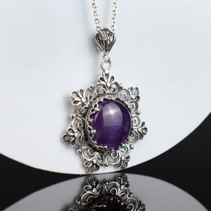 925 Sterling Silber Amethyst Edelstein Charme Anhänger Halskette, filigrane handgefertigte Gänseblümchen Blume Frauen Anhänger Halskette, lila Stein Anhänger