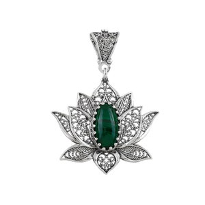 Malachite Gemstone 925 Sterling Silver Filigree Lotus Flower Pendant Necklace, Purity Symbol Green Stone Solid Silver Women Charm Necklace