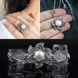 Pearl Sterling Silver Lotus Flower Pendant Necklace - Cocktail Ring - Link Bracelet Jewelry Set, Filigree 925 Silver Woman Trio Jewelry Set