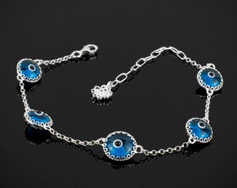 925 Sterling Silver Lapis Evil Eye Good Luck Women Bracelet, Blue Evil Eye Protection Bracelet, Translucent Murano Glass Bead Charm Bracelet