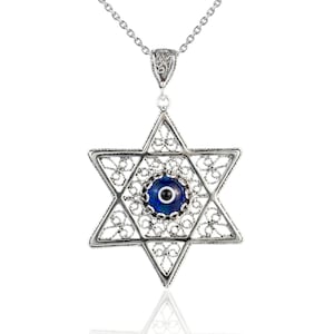 Blue Evil Eye Sterling Silver Star of David Pendant Necklace Handcrafted Filigree Creation Jewish Star Pendant Necklace with 20 &quot; Chain