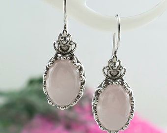 Orecchini pendenti ovali da donna in filigrana d'argento sterling con pietra preziosa di quarzo rosa, onice nero, madreperla, orecchini con corona di corniola